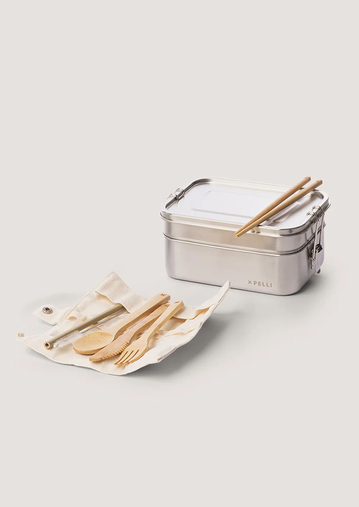 Pelli Lunch Duo – Bento Box & Bamboo Cutlery Set $64.95